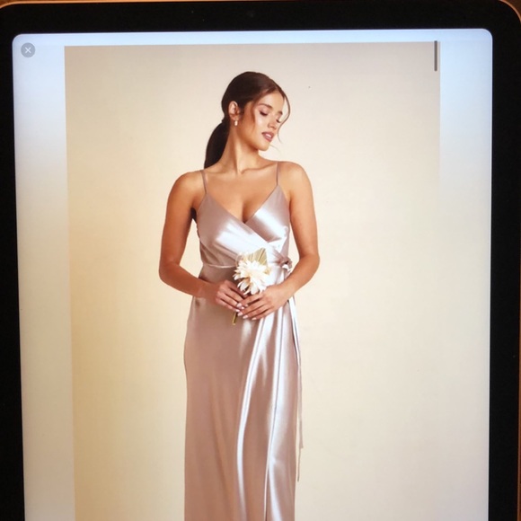 BIRDY GREY Cindy Satin Neutral Wrap Maxi Dress Bridesmaid Homecoming size S